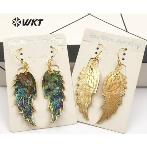 WT-E242 Gold Shell Feather Earrings Black White Yellow Rainbow Grey Color Sea Shell Earring With Gold Trim Women Fashion Jewelry