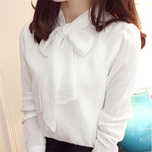 Womens bow lace up chiffon blouses office ladies basic inner pullover tops autumn shirts Korean style elegant solid outfits