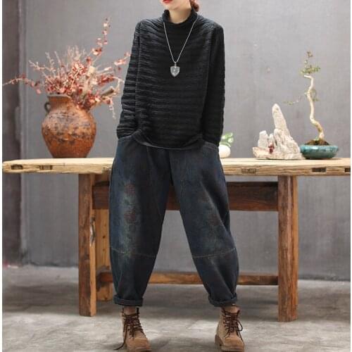 Vintage Women Jeans 2019 Autumn Winter New Print Floral Fleece Warm Pants Elastic Waist Female Fashion Trousers YoYiKamomo