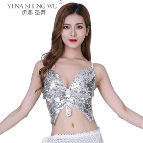 Womens Shiny Sequin Beaded Butterfly Shaped Bra Tops Strap Lace-up Backless Belly Dance Performance Tops Vest for Dancing Tops
