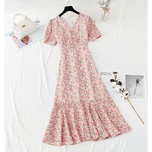 Women Chiffon Dress 2021 Summer Fashion Puff Sleeve Vintage Floral Print Ruffle Dresses Slim V-neck Midi Dress Casual Vestidos