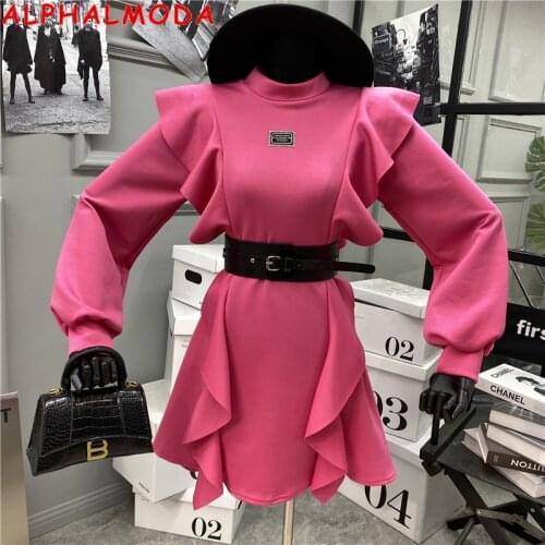 ALPHALMODA 2021 Ruffle Details Women Vintage Belted Dress Long-sleeved Solid Color Women Fashion Spring Autumn Dress