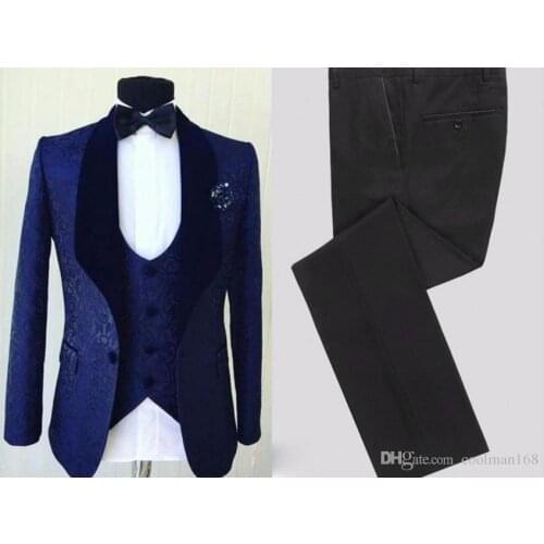 2020 Popular Navy Blue Jacquard Men Wedding Tuxedos Velvet Shawl Lapel Groom Tuxedos Men Dinner/Darty Wedding Dress 3 Piece Suit