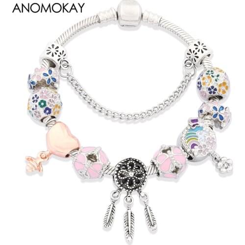 Anomokay New Arrival Colorful Bloom Flowers Womens Charm Bracelet Fashion Dream Catcher Heart Pendant Bead Bracelet DIY Jewelry