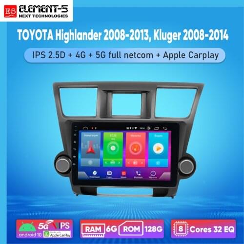 ELEMENT-5 10“ 6G+128G Android 10 4G 5G WIFI RDS DSP Car Radio For TOYOTA Highlander 2008-2013, Kluger 2008-2014 Navigation GPS