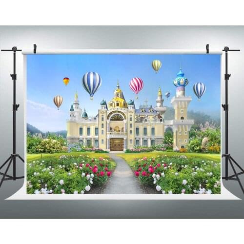 Photography Background 7x5ft Fairytale Castle Red and Blue Hot Air Balloons with Flowers Garden Backdrops for Birthday Party