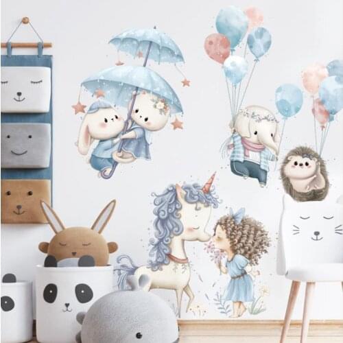Ins Cartoon Rabbit Elephant Unicorn Princess Wall Stickers for Childrens Room Decoration Balloon Removable Mural Art Decals