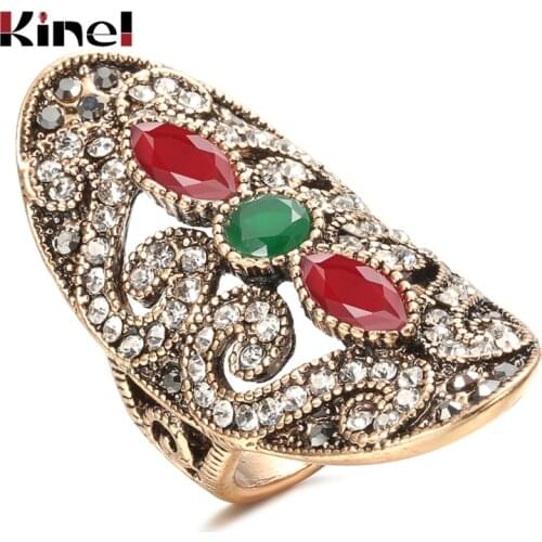 Kinel Vintage Ring Trendy Women Jewelry Gold Color Inlaid Red Resin Big Oval Party Crystal Antique Rings Turkish Jewelery 2020