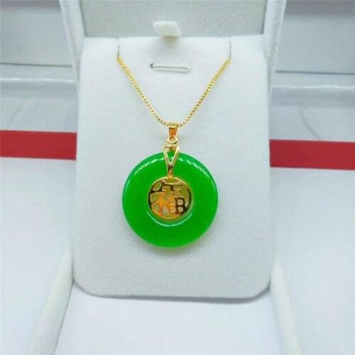 Chinese "FU" Green Jade Pendant Necklace 18Kc Gold Plate with 45cm/ 17.7" Box Chain, Best Wishes Lucky Jewelry Gifts