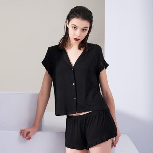 Summer Modal Thin Shorts Short-Sleeved 2-Piece Pajamas Suit Turn-down Collar Satin Sleepwear Loungewear Women Pijamas Sexy Set