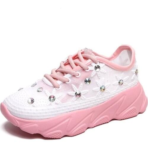 Womens Casual Shoes Fashion Rhinestone Breathable Walking Mesh Lace Lace Up Flat Sneakers Womens Tenis Feminino Sneaker Shoes