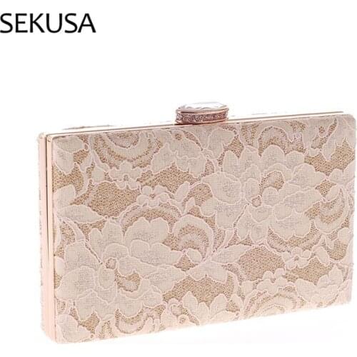 Lace Hollow Out Style Women Day Clutch Metal Chain Shoulder Diamonds Party Evening Bags White Color Handbags