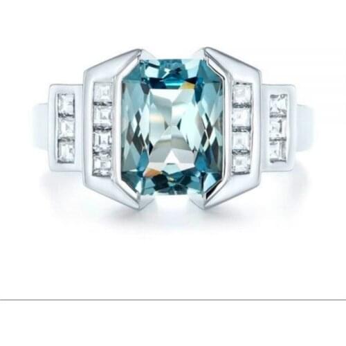 Milangirl Rectangular Ring Light Sea Blue Zircon Small Square Ring for Women Banquet Party Wedding Jewelry Accessories