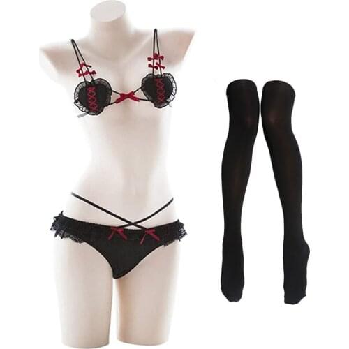 Cute Mini Bikini Sexy Anime Role Play Underwear Bow Accessories Heart Lolita Bra and Briefs Lace Stockings Lingerie Set