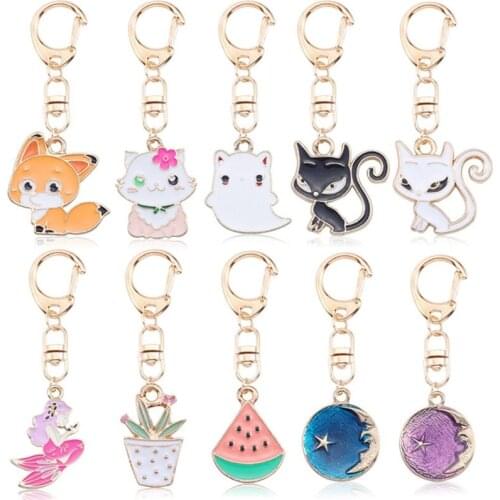 Cute Cat Kechain For Women DIY Anime Ainimal Kawaii Kitty Keychain Fox Mermaid Moon Metal Key Chain Jewelry Gift