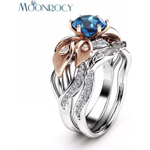 MOONROCY Silver Color Cubic Zirconia Vintag Blue Wedding Crystal Rings Party Flower Jewelry for Women Girls Gift Drop Wholesale