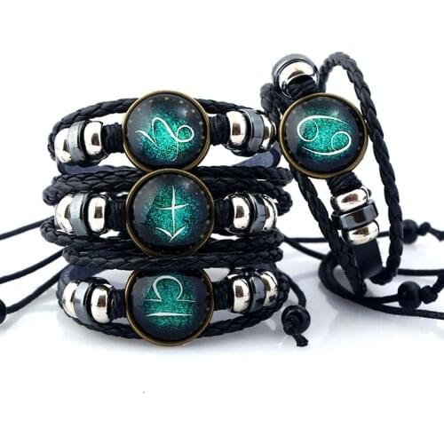 Hot 12 Constellations Handmade Leather Bracelet Zodiac Sign With Beads Bangle Bracelets For Men Boys Adjustable Fashion Jewelry