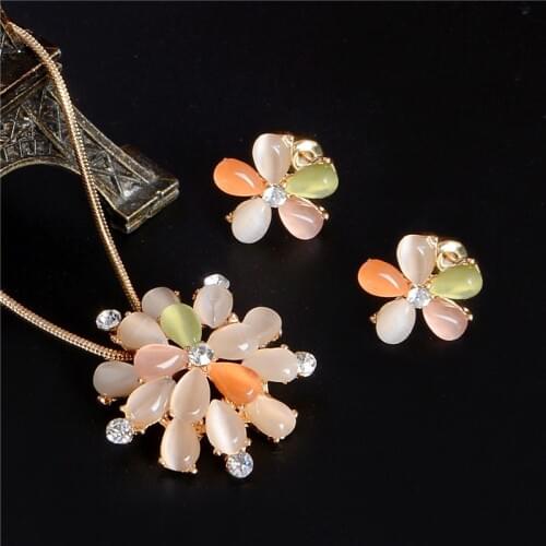Brand Fresh Opal Daisy Flower Jewelry Set For Women WIth Crystal Rhinestone Bohemia Pendant Necklace Earring 2pcs Set Of Jewelry