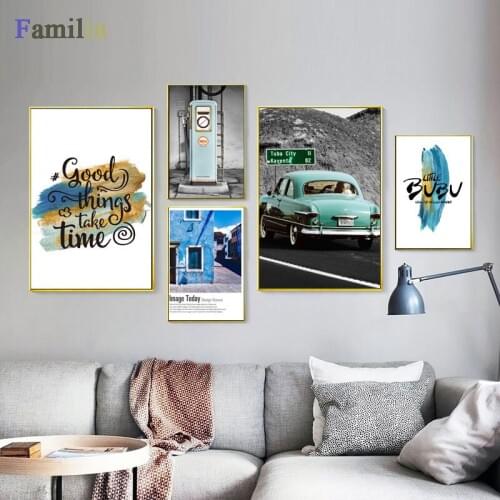 Nordic Blue White Style Poster Street Buildings Red Buses Canvas Print Painting Office Home Decor Wall Artwork Modern Pictures