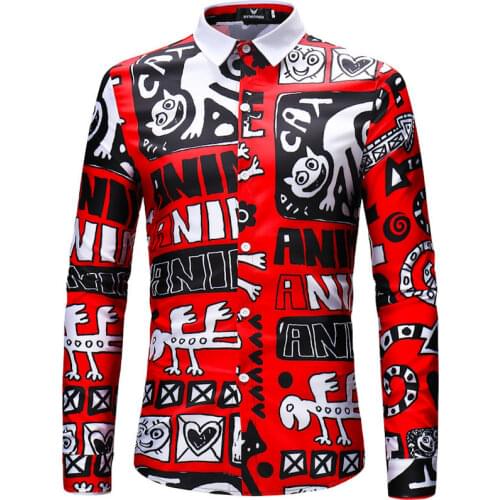 Geometric pattern printed shirt mens retro floral slim shirt fashion classic men long-sleeved casual social shirt size M-4XL