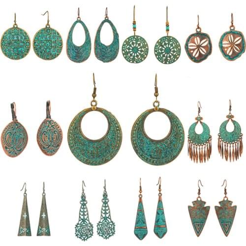 Bohemian earrings statement jewelry Exaggerated antique green metal water drop earrings for women Boho flowers tassel earring