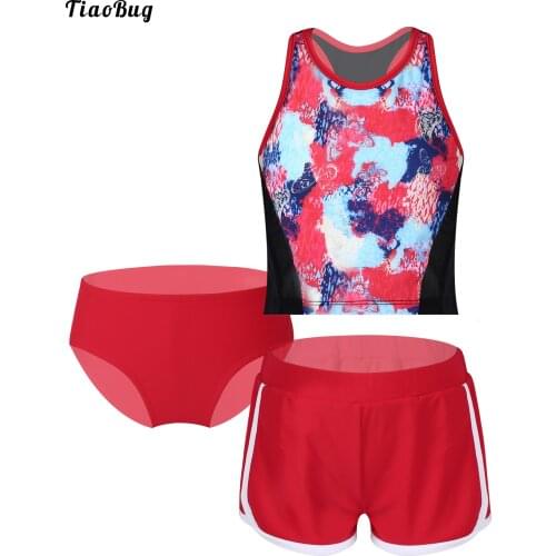 TiaoBug Summer 3Pcs Kids Girls Swimsuit Round Neck Sleeveless Racer Back Vest With Briefs And Shorts Set Swimwear Bikini