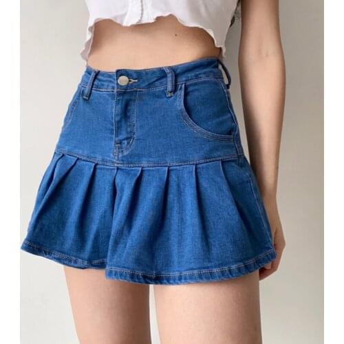 TVVOVVIN Womens Fashionable High Waist Ruffled Pleated Denim Folds Skirt Inner Lining Anti Sweet Pockets Skirts SSIO