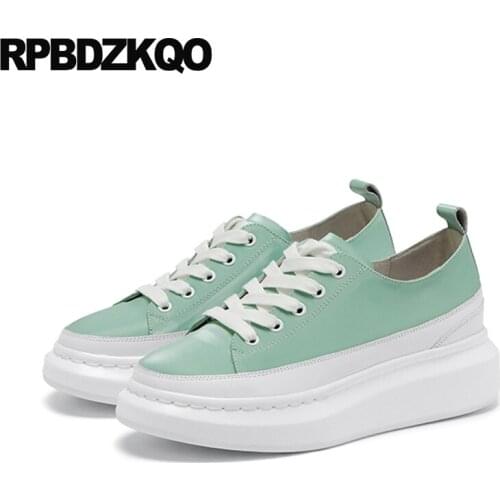 Green Women Wedge Korean Round Toe Elevator Patent Leather Creepers Platform Shoes Genuine Thick Sole Size 34 Muffin Lace Up