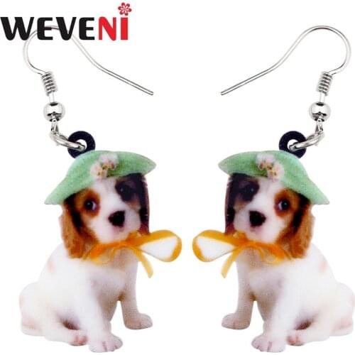 WEVENI Acrylic Elegant Hat Cavalier King Charles Spaniel Dog Earrings New Long Dangle Drop Animal Jewelry For Women Girls Female