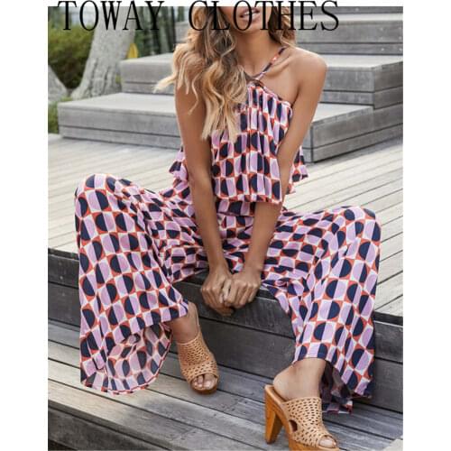 Summer Women Halter Geometry Print Wide Leg Jumpsuit Layered Spaghetti Strap Ruffles One Piece
