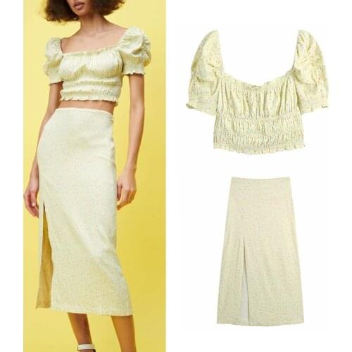 LVWOMN Za 2 Piece Set Print Ruched Short Blouse Top And High-Waisted Midi Skirt Female Sexy Top Women Clothes Beach Sundress