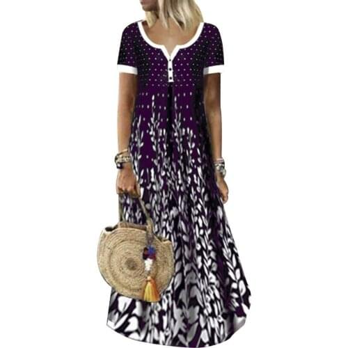 Women Casual Dresses V Neck Short Sleeve Large Hem Leaves Print Buttons-Beach Long Dress Vestidos