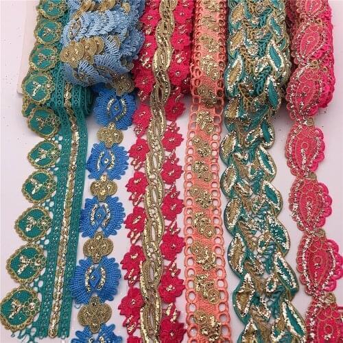 10yards Metallic Embroidered Motif Glitter power and rhinestone Nigeria Venice Lace Trim Crochet Cord