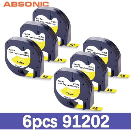 Absonic 6PK Compatible Dymo LetraTag Plastic Label 91202 91222 91332 Black on Yellow for Dymo LetraTag LT-100H Maker Typewriter