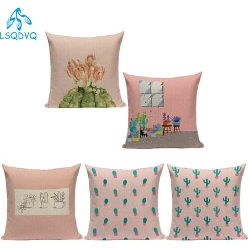 Polyester Decorative Throw Pillows Case Tropical Plant Cactus Pink Cushion Cover For Sofa Home Living Room Decoration