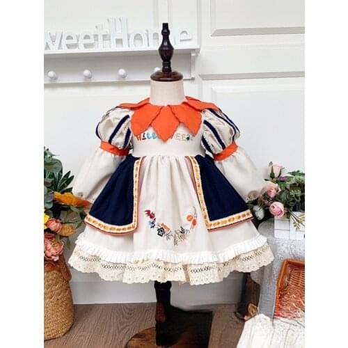 Spain Children thanks giving day Dress Girl Retro Classic Style Quality Embroidered Dress Large Lapel Baby Girl Christmas Dress