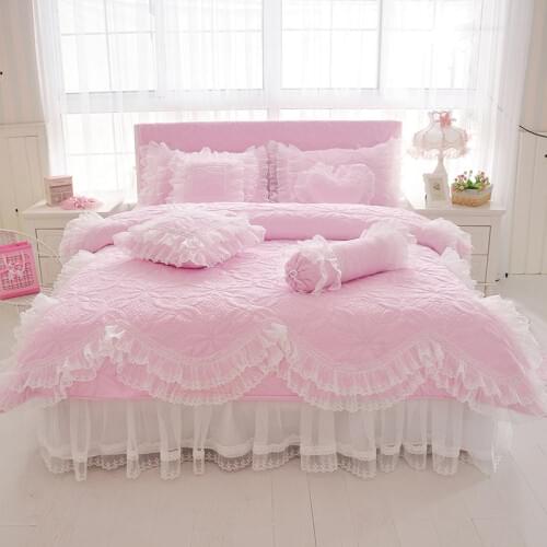 Lotus Korean Princess Girls Bedding Set Romantic Lace Ruffles Cotton Quilted Thick Duvet cover set Twin Queen King size Bed set