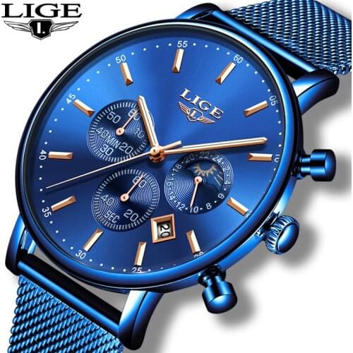LIGE 2020 Blue Fashion Mens Watches Top Brand Luxury Quartz Watch Men Thin Dial All Steel Mesh Belt Clock Waterproof Chronograph