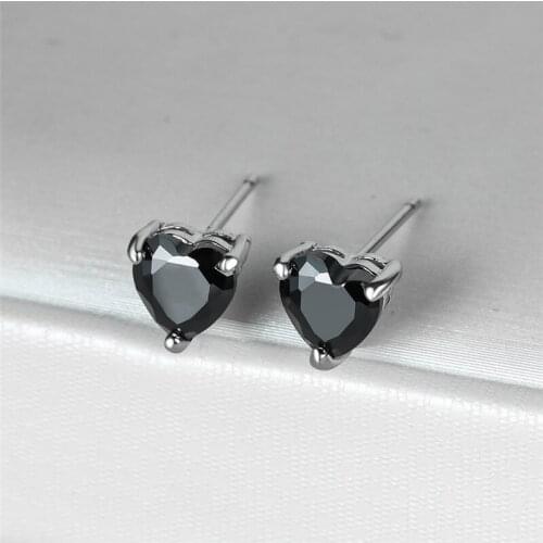 Cute Heart Small Stud Earrings For Women Vintage Black Stone Earring Wedding Jewelry Fashion Crystal Zircon Silver Color Earring