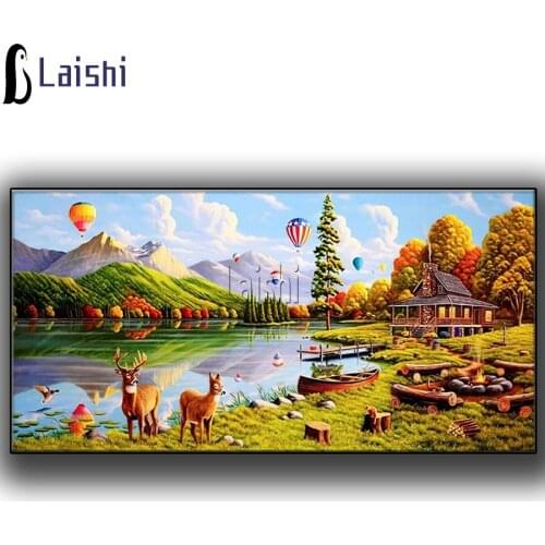 Mosaic Cartoons Full Round Drill Resin Rhinestone Painting Kit Color River Cottage hot air balloon Diamond Drawing for Room Deco