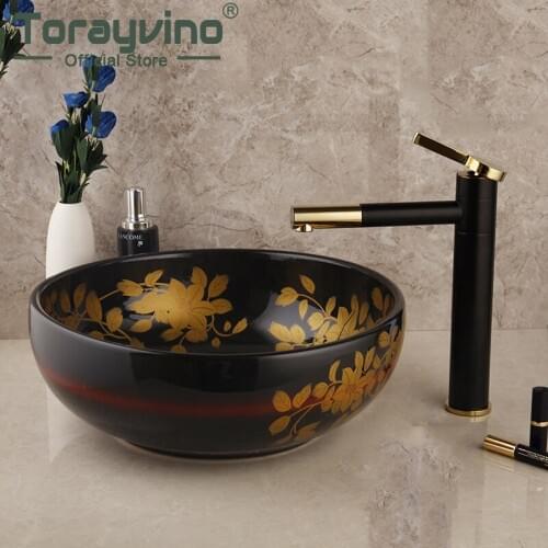 Basin Set Bathroom Fregadero With Pull Out Gold And Black Faucet Hand Painting Ceramics Wash Basin Vessel Vanity Mixer Taps Set