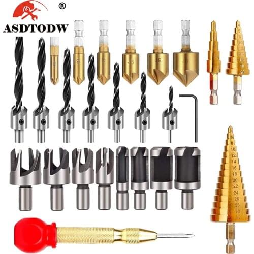 26-Pack Woodworking Chamfer Drilling Tools Drill Bits Set Wood Plug Cutter Three Pointed Countersink Drill Bits with L-wrench