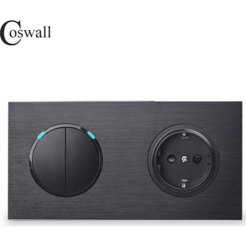 Coswall Black Aluminum Metal Panel 16A EU Standard Wall Power Socket + 2 Gang 1 Way On / Off Light Switch LED Indicator