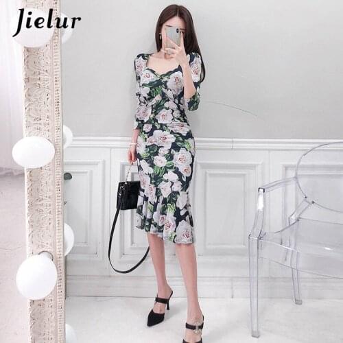 Jielur Print Women Dress Skinny V-neck High Waist Korean Autumn Elegant Vestidos Slim Chic Dresses New Robe Femme 2021 Dress