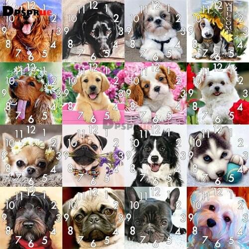 Dpsprue Full Diamond Painting Cross Stitch Animal Dog With Clock Mechanism Mosaic 5D Diy Square Round 3d Embroidery Gift