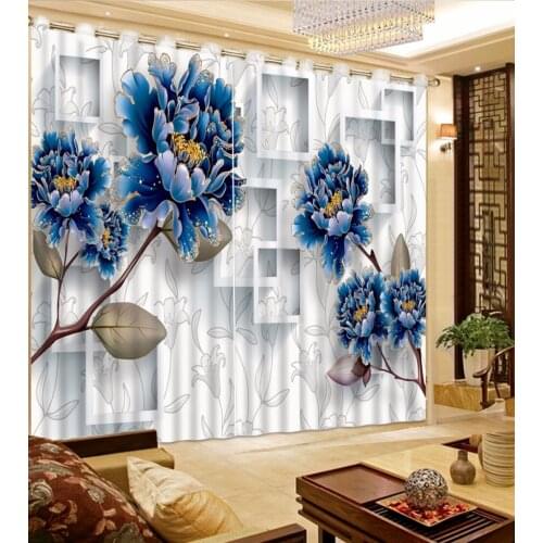 Custom Any Size 3D Curtain Plaid Blue Flowers Curtain Bed Room Living Office Cortinas Blackout Bathroom Shower Curtain