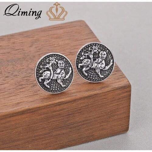 QIMING Slavic Tiger Lion Earrings For Women Round Religious Jewelry Vintage Antique fashion Ancient Men Stud Earring Gift
