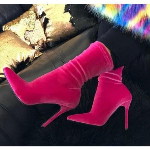 Pink Velvet Sock Ankle Boots Women Sexy Pointed Toe Stiletto Heels Banquet Dress Shoes Slim Fit Lady Short Bootie Plus Size