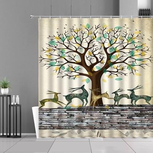 Shower Curtain Modern Nordic Forest Cartoon Hand Drawn Fawn Polyester Bathroom Curtains Bathtub Screen Home Decoration With Hook
