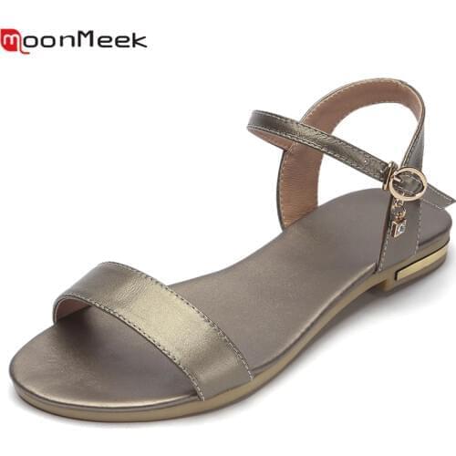 MoonMeek Size 34-46 New 2020 genuine leather sandals women shoes rhinestone female summer flat sandals ladies casual shoes